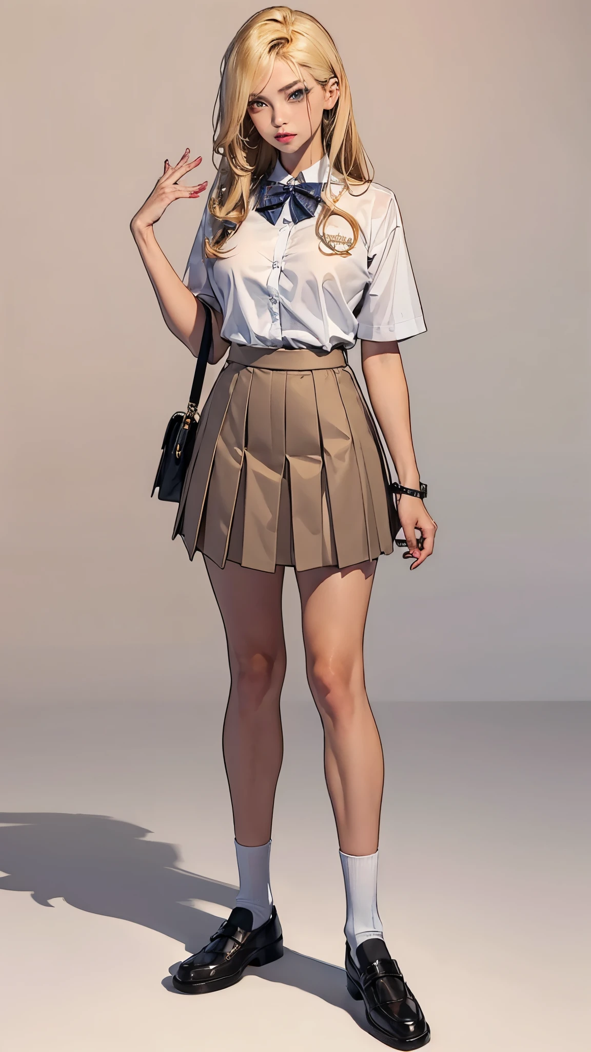 ((best quality,4k,highres,masterpiece:1.2)),((character concept art)), 1 female, teenage female, Gyaru high school girl, ((dyed brown or blonde long hair)), hair styled with lots of accessories, (tan skin colour), ultra finely detailed eyes (decorative contact lenses), fashionable, outgoing, socially active, slim body build, ((intricate detail)), super finely detailed hands, ultra finely detailed fingers(((ten fingers))), wwearing white short sleeves school shirt with bowtie, gray school skirt, knee-length school socks, and black school loafers, heavy makeup, (standing casually), (full body showcase), (show full body), (no logos on background), (no logo), ((plain background)), ((plain background)), (((empty background)))