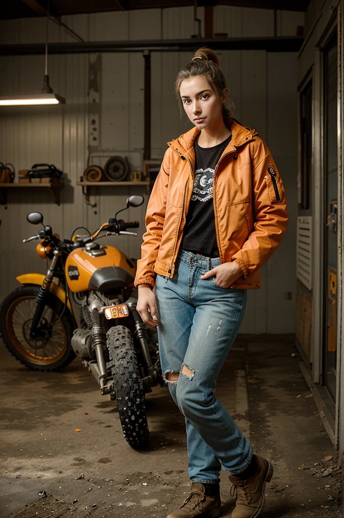 Beautiful girl, dressed in a long orange jacket very worn, torn and dusty long orange snow-style jacket, special pants for riding a motorcycle, large jacket with patches, hands, riding a mono-bicycle gyro-bike, hairdo ponytail, cold expression, background of a gyro-bike and single-tire motorcycle workshop similar to the one Alita uses, full-body photo.  Details in high definition, with photographic style and natural light, in the style of a film texture.