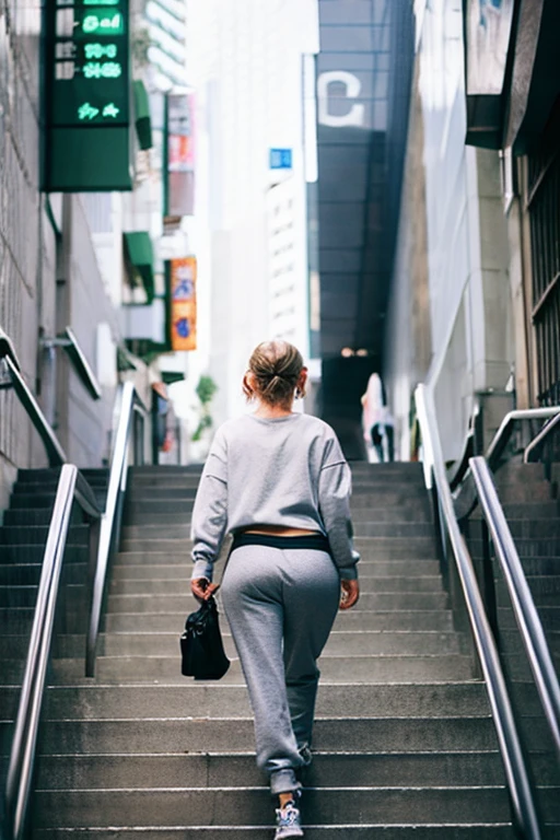 There&#39;s a woman wearing grey sweatpants.,white t-shirt, Japanese、20-year-old、 view from behind、top quality、realistic、blonde gal、hair is permed、I am wearing a small shoulder pochette.、Climbing the stairs at Tokyo Station、three girls、walking、smaller butt、I can see the lines in my underwear