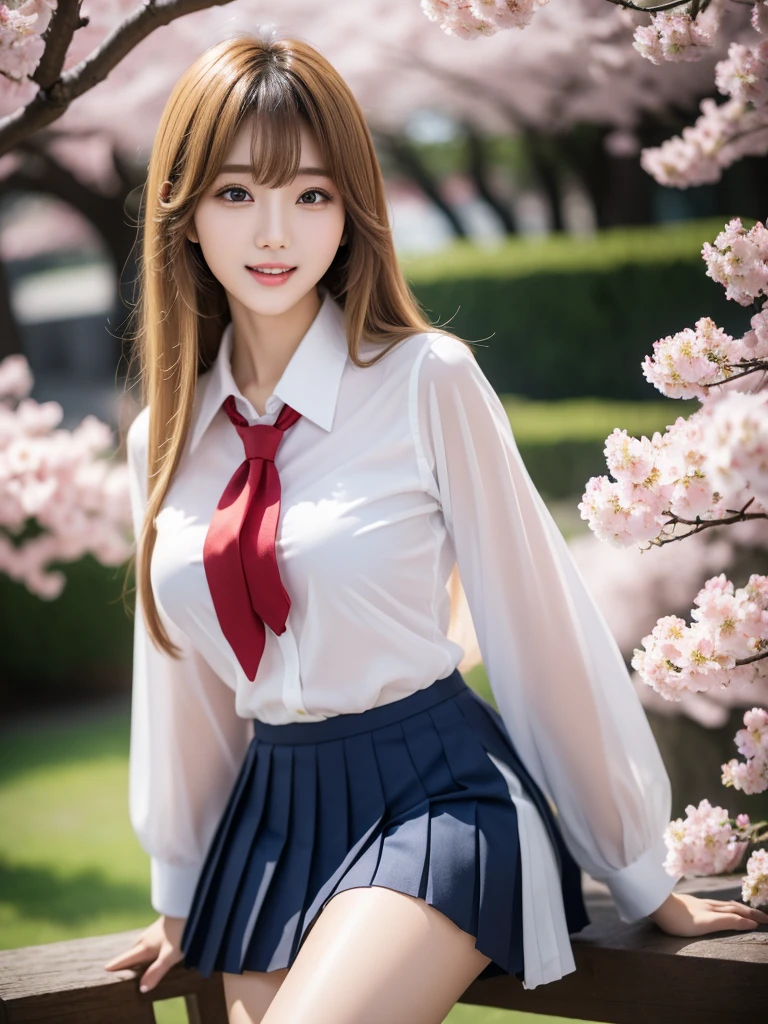 Close-up of a woman posing for a photo, the most beautiful japanese models, 17 year old female model, 4k、bangs、(blonde), medium long hair, 非対称なbangs, straight hair、(white shirt, red tie , dark blue pleated skirt:1.2),　(Super cute face with idol style:1.4), whole body, slim and beautiful body, sexy, beautiful breasts, laughter, The background is a row of cherry blossom trees, (Raw photo, highest quality, masterpiece, super detailed, ultra high resolution, realistic),