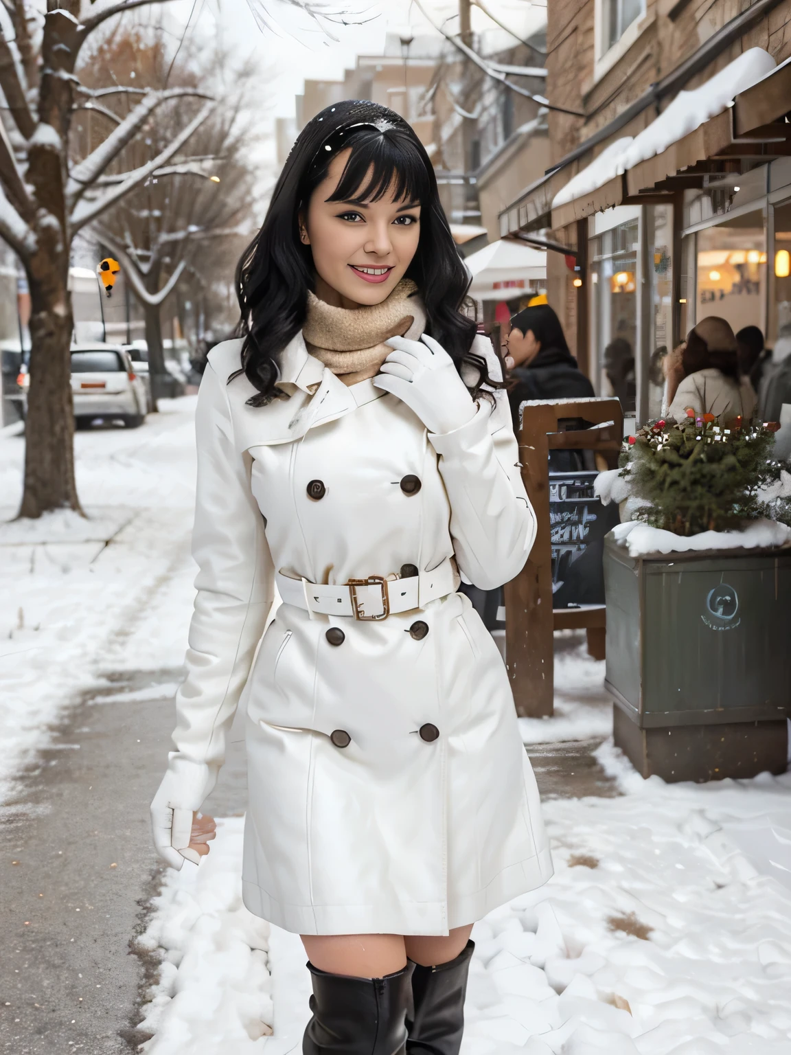 30 years old bettie page, makeup, olive skin, curly black hair (middle lenght), outside in front of the coffee shop , slippin on the ice and falling to the ground , winter times, snow falling, daylight seductive smile, longest ever white leather trench , white wool sweater, high white boots, maxy wool skirt, white cloth gloves,