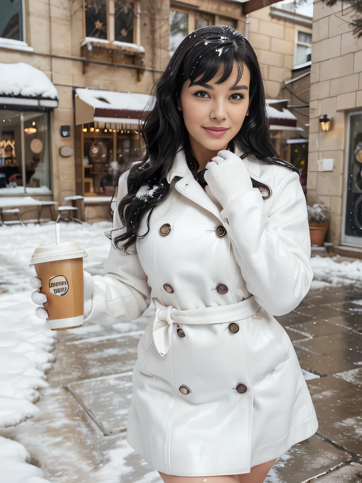 30 years old bettie page, makeup, olive skin, curly black hair (middle lenght), outside in front of the coffee shop , slippin on the ice and falling to the ground , winter times, snow falling, daylight seductive smile, longest ever white leather trench , white wool sweater, high white boots, maxy wool skirt, white cloth gloves, 