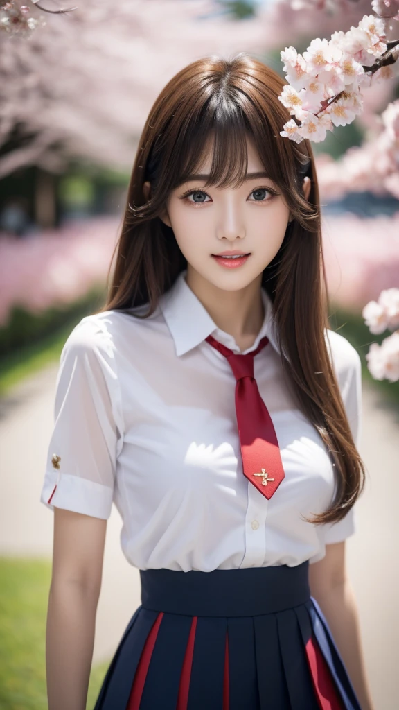 Close-up of a woman posing for a photo, the most beautiful japanese models, 17 year old female model, 4k、bangs、(blonde), medium long hair, 非対称なbangs, straight hair、(white shirt, red tie , dark blue pleated skirt:1.2),　(Super cute face with idol style:1.4), whole body, slim and beautiful body, sexy, beautiful breasts, laughter, The background is a row of cherry blossom trees, (Raw photo, highest quality, masterpiece, super detailed, ultra high resolution, realistic),