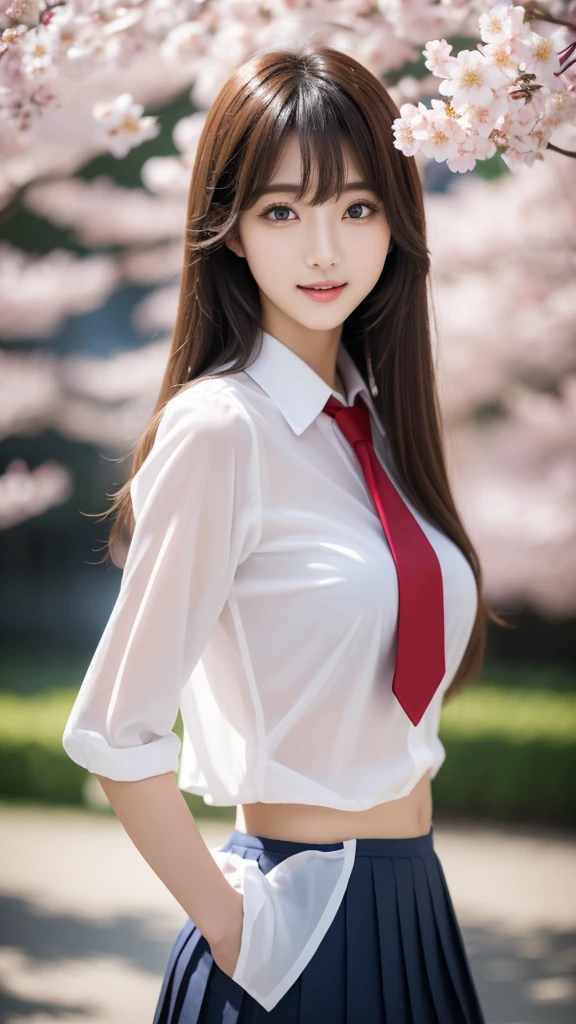 Close-up of a woman posing for a photo, the most beautiful japanese models, 17 year old female model, 4k、bangs、(blonde), medium long hair, 非対称なbangs, straight hair、(white shirt, red tie , dark blue pleated skirt:1.2),　(Super cute face with idol style:1.4), whole body, slim and beautiful body, sexy, beautiful breasts, laughter, The background is a row of cherry blossom trees, (Raw photo, highest quality, masterpiece, super detailed, ultra high resolution, realistic),