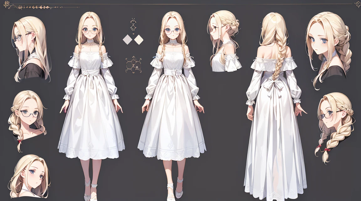 ((masterpiece)),(((highest quality))),(character design sheet,same character,front,~ ~ side,return), cute girl reference book, Standing picture，全naked，naked，whole body，up style，classic，glasses，クラウンbraid hair，braid hair，blonde，blue eyes，detailed face, thin hair, (simple returnground, white returnground: 1.3)