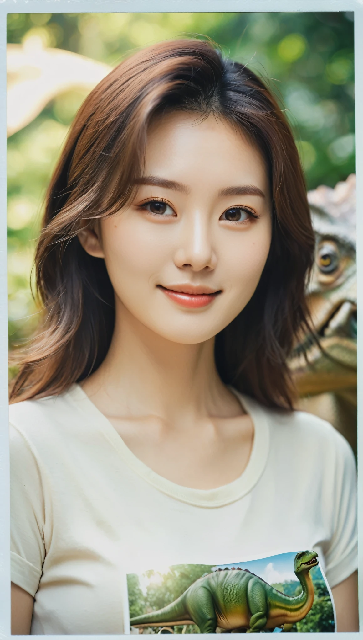 close-up of beautiful korean female, 34 inch breasts size, slightly smile, rolled sleeves t-shirt in the Dinosaur park, bokeh background, Polaroid photo, UHD