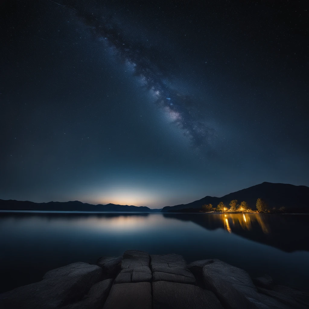 Master Parts、Superior Quality、superior image quality、The 8k quality、、Beautiful pictures of the starry sky、magnifica、Arched Milky Way:1.9、Blue surface of the lake