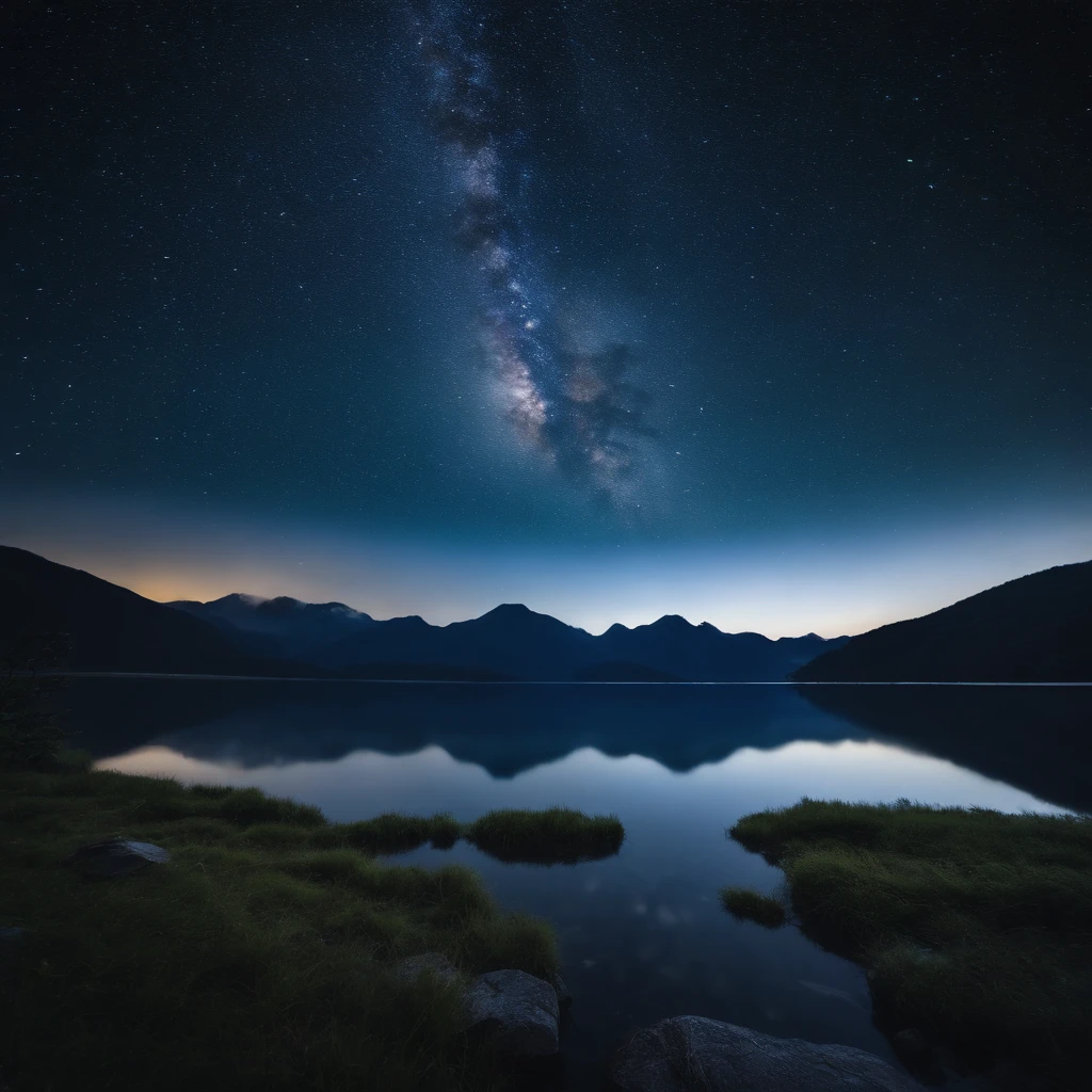 Master Parts、Superior Quality、superior image quality、The 8k quality、、Beautiful pictures of the starry sky、magnifica、Arched Milky Way:1.9、Blue surface of the lake