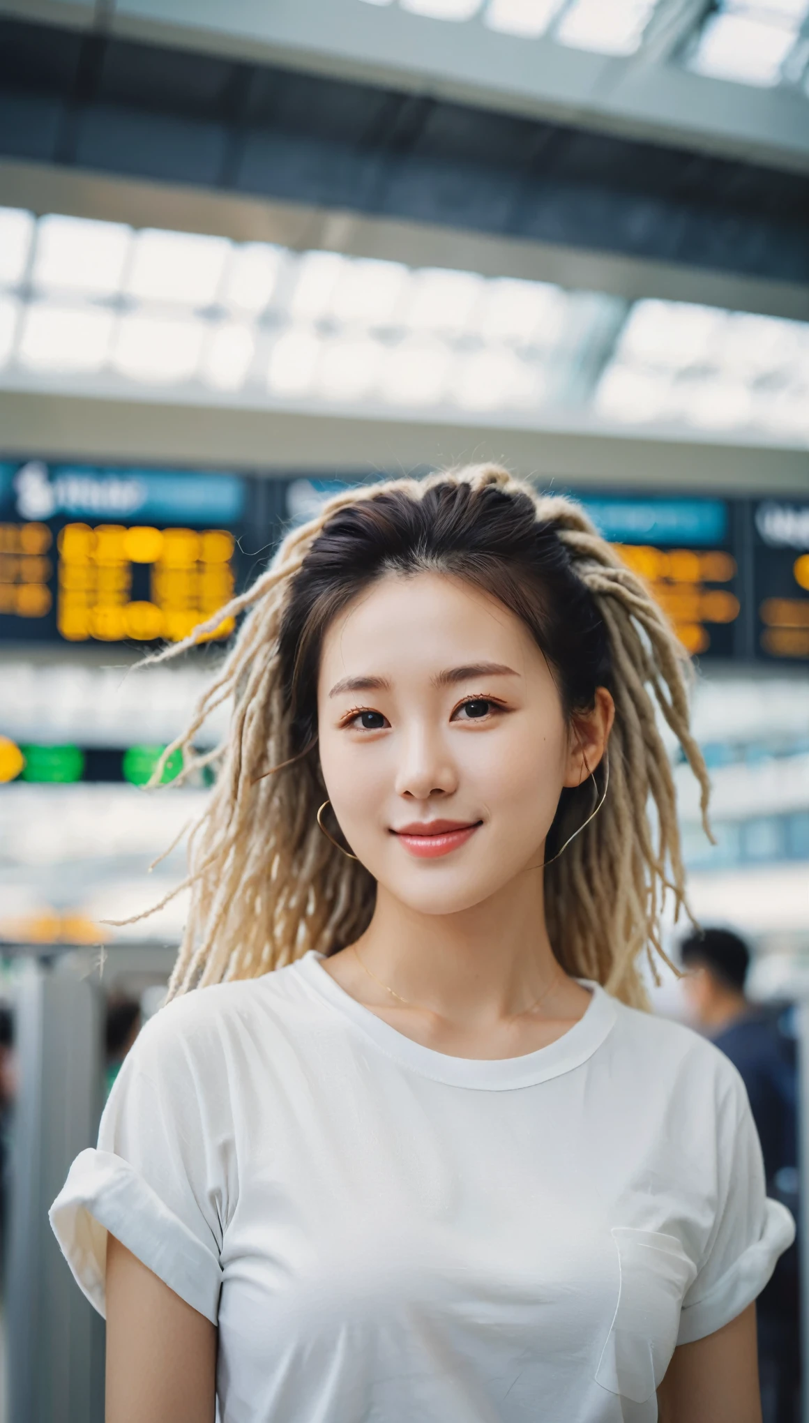 close-up of beautiful korean female, 34 inch breasts size, dreadlock hair, slightly smile, rolled sleeves t-shirt in the terminal gate, bokeh background, Polaroid photo, UHD
