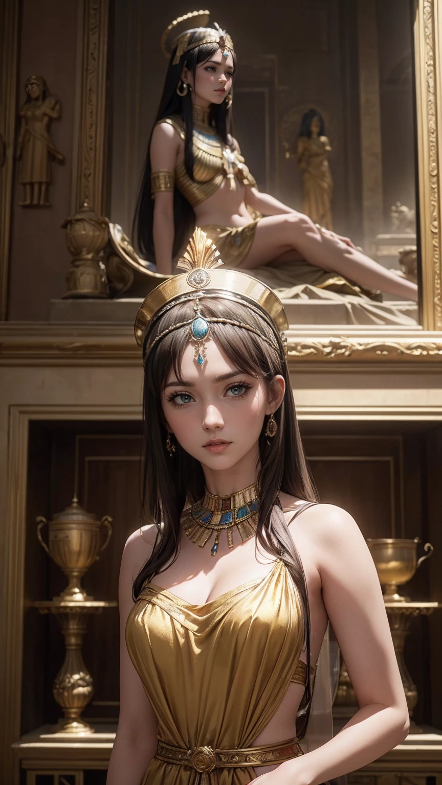 ((最high quality, 8K, masterpiece: 1.3, Ultra HD, high quality, 最high quality, High resolution, realism)) 、It's Cleopatra、Inside an ancient Egyptian palace