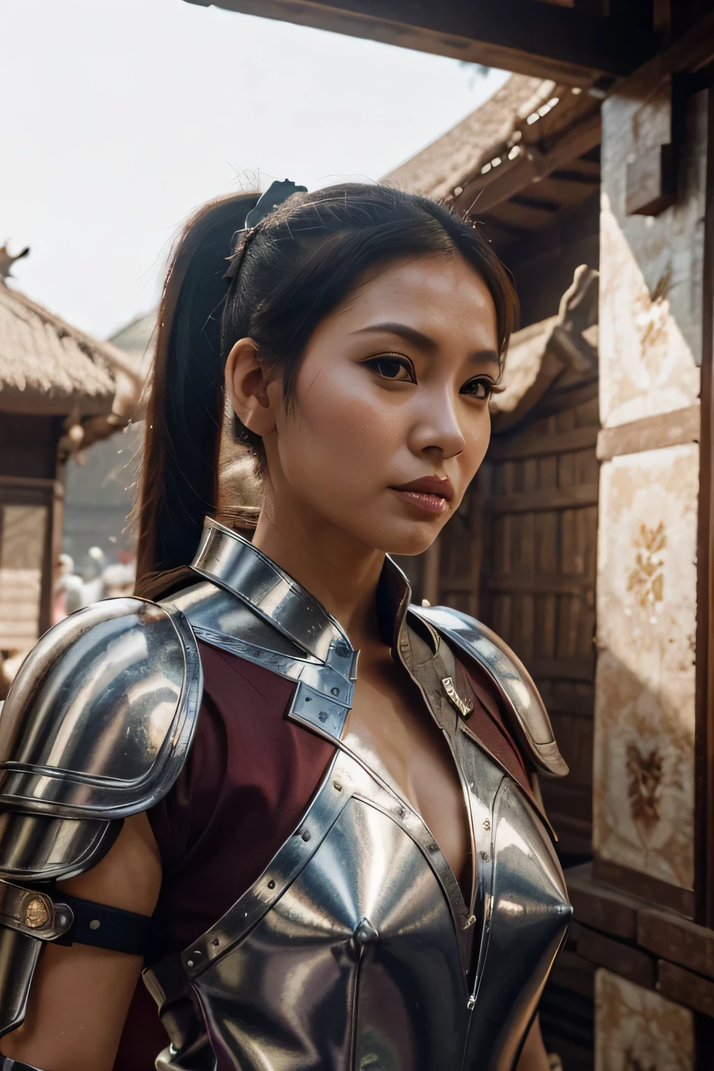 35 years Old, (Sugar mommy), (Sensual Lips), (White Skin), ((beautiful Indonesian mature Woman)), soft shadow, soft lighting, vibrant colors, dynamic lighting, (ponytail hair), (medieval theme), background, (wearing warrior armor), full body