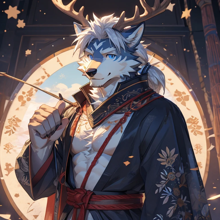 Deer orcs,male,178cm,88kg,17cm,It's a hybrid of wolf and deer,With golden antlers,deer ears,Wolf paw,wolf tail,Covered with white hair,There is a blue moiré pattern on the collarbone,There is a light blue iris-shaped pattern on the chest,Lean body,But I still have more obvious chest muscles and six-pack abs,blue stripes on arms,Different pupils,left眼的瞳孔是红色,The pupil of the right eye is blue。Wearing a gold frame monocle(left),The temples are antler-shaped,Wearing light blue ancient style Hanfu,The entire garment is dotted with snowflake patterns and cloud patterns.,The wide cuffs of the dress are embroidered with a light blue iris pattern.,A safety buckle tied with a red rope was hung around the waist.,Pinned to the other side is a folding fan。The face is very beautiful,The fluffy silver hair on his head is a bit messy, as if he just woke up from sleep. The long white hair on the back of his head is tied casually into a low ponytail.,A smile as warm as the sun,神秘的Different pupils如湖水般澄澈,profound,Makes him look friendly and harmless yet a little distant。