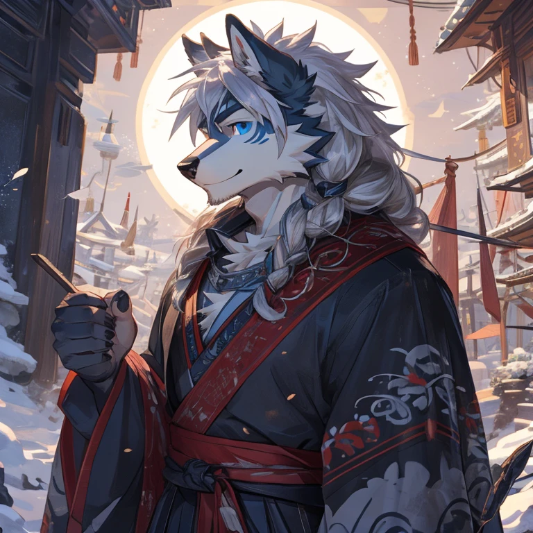Deer orcs，male，178cm，88kg，17cm，It&#39;s a hybrid of wolf and deer，With golden antlers，deer ears，Wolf paw，wolf tail，Covered with white hair，There is a blue moiré pattern on the collarbone，There is a light blue iris-shaped pattern on the chest，Lean body，But I still have more obvious chest muscles and six-pack abs，blue stripes on arms，Different pupils，left眼的瞳孔是红色，The pupil of the right eye is blue。Wearing a gold frame monocle（left），The temples are antler-shaped，Wearing light blue ancient style Hanfu，The entire garment is dotted with snowflake patterns and cloud patterns.，The wide cuffs of the dress are embroidered with a light blue iris pattern.，A safety buckle tied with a red rope was hung around the waist.，Pinned to the other side is a folding fan。The face is very beautiful，The fluffy silver hair on his head is a bit messy, as if he just woke up from sleep. The long white hair on the back of his head is tied casually into a low ponytail.，A smile as warm as the sun，神秘的Different pupils如湖水般澄澈，profound，Makes him look friendly and harmless yet a little distant。