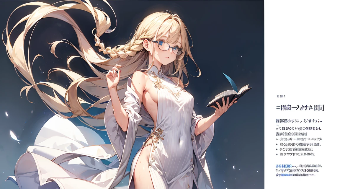 ((masterpiece)),(((highest quality))),(character design sheet,same character,front,~ ~ side,return), cute girl reference book, Standing picture,全naked,transparent,Wet,Wet,naked,whole body,up style,classic,glasses,クラウンbraid hair,braid hair,blonde,blue eyes,detailed face, thin hair, (simple returnground, white returnground: 1.3)