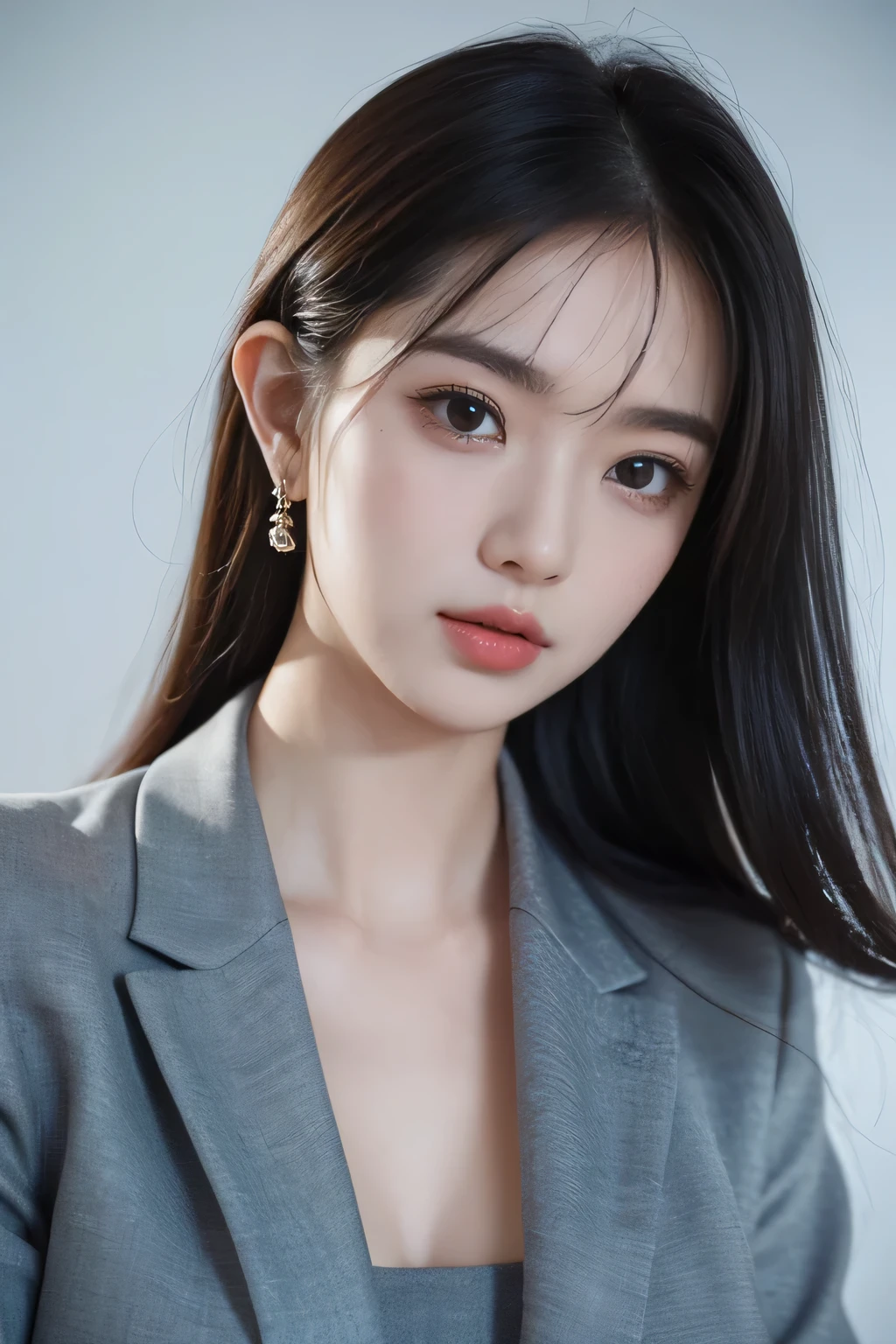 tmasterpiece,Best quality,A high resolution,8K,(Portrait photograph:1.5),(Head close-up),(ROriginal photo),real photograph,digital photography,(Girls in the workplace),(Female president),20 year old girl,random hair style,By bangs,(green-eyed),Serious and obsessed with breasts, accessories,Keep one's mouth shut,elegant and charming,Serious and arrogant,Calm and handsome,(Women's professional attire),Photo pose,Realisticstyle,gray world background,oc render reflection texture