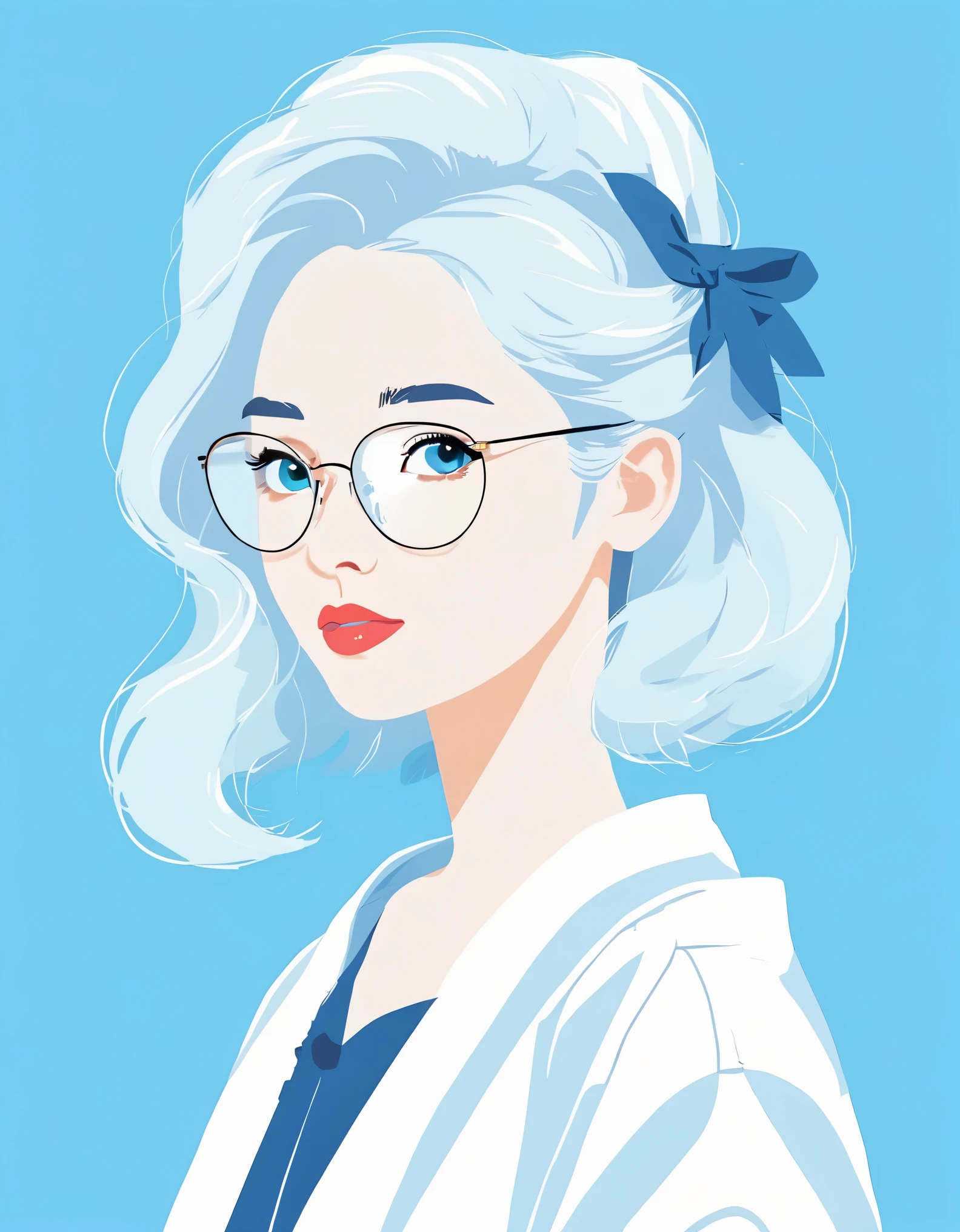 vector art，Helen Huang style，Modern girl，portrait，big glasses，white hair，blue background，vector illustration vector illustration，Flat design style Flat design style，flat illustration flat illustration