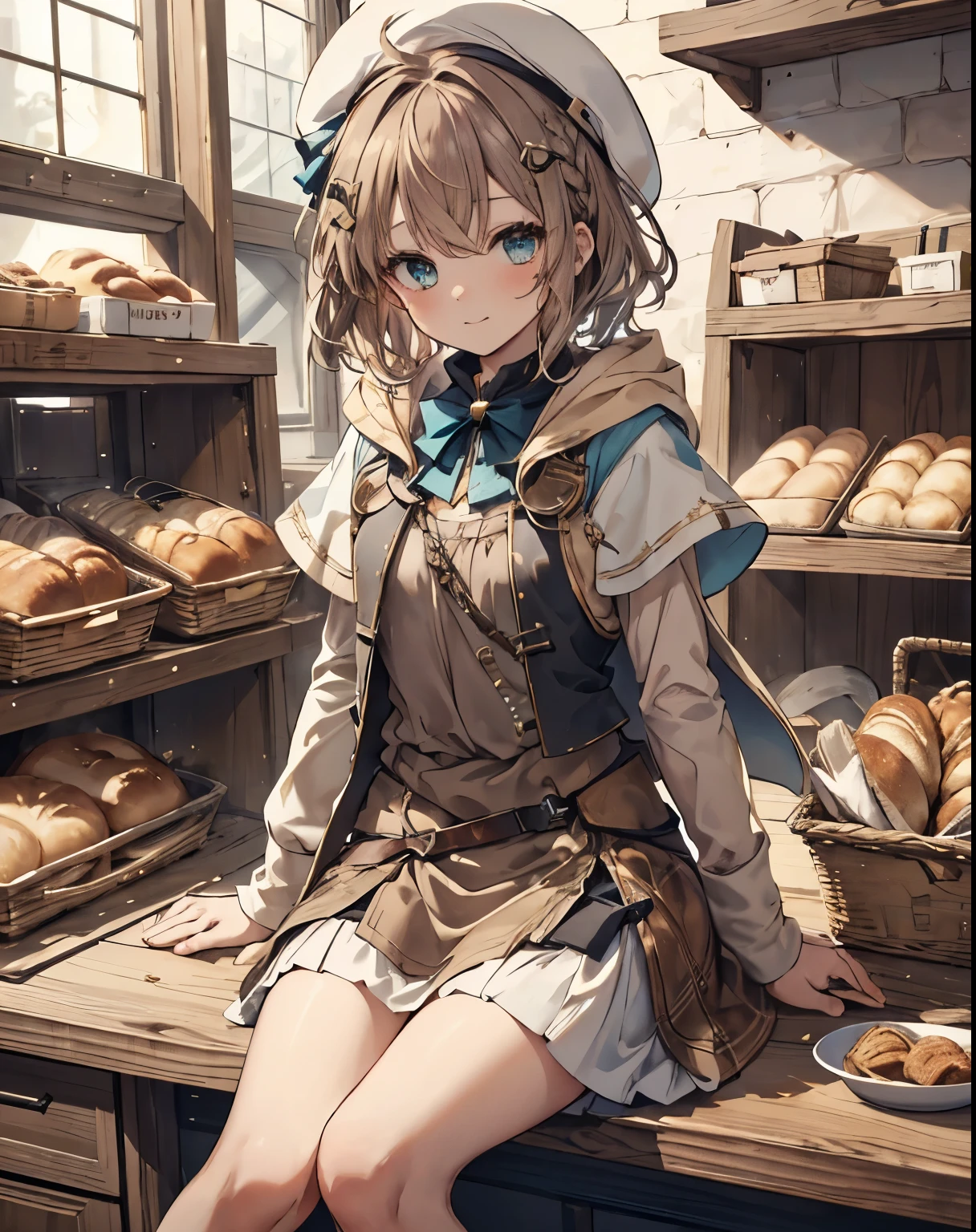 masterpiece, 1girl, sparrow, a brown haired girl, wearing a white medieval priestess clothes, curly short hair, messy hair, slim body, wearing golden capelet with hoody, he close her left eye, shirt ornament, aqua eyes, sho show her back, ahoge, black vest, baby face, small breast, beautiful breasts, rounded breasts, braid hair, white beret, long sleeves, beautiful eyes, white stocking, cheerful eyes, skirt, brown skirt, plaid skirt, her age is 10 years old, cheerful expression, she is a , she eat bread, she sit in the bakery