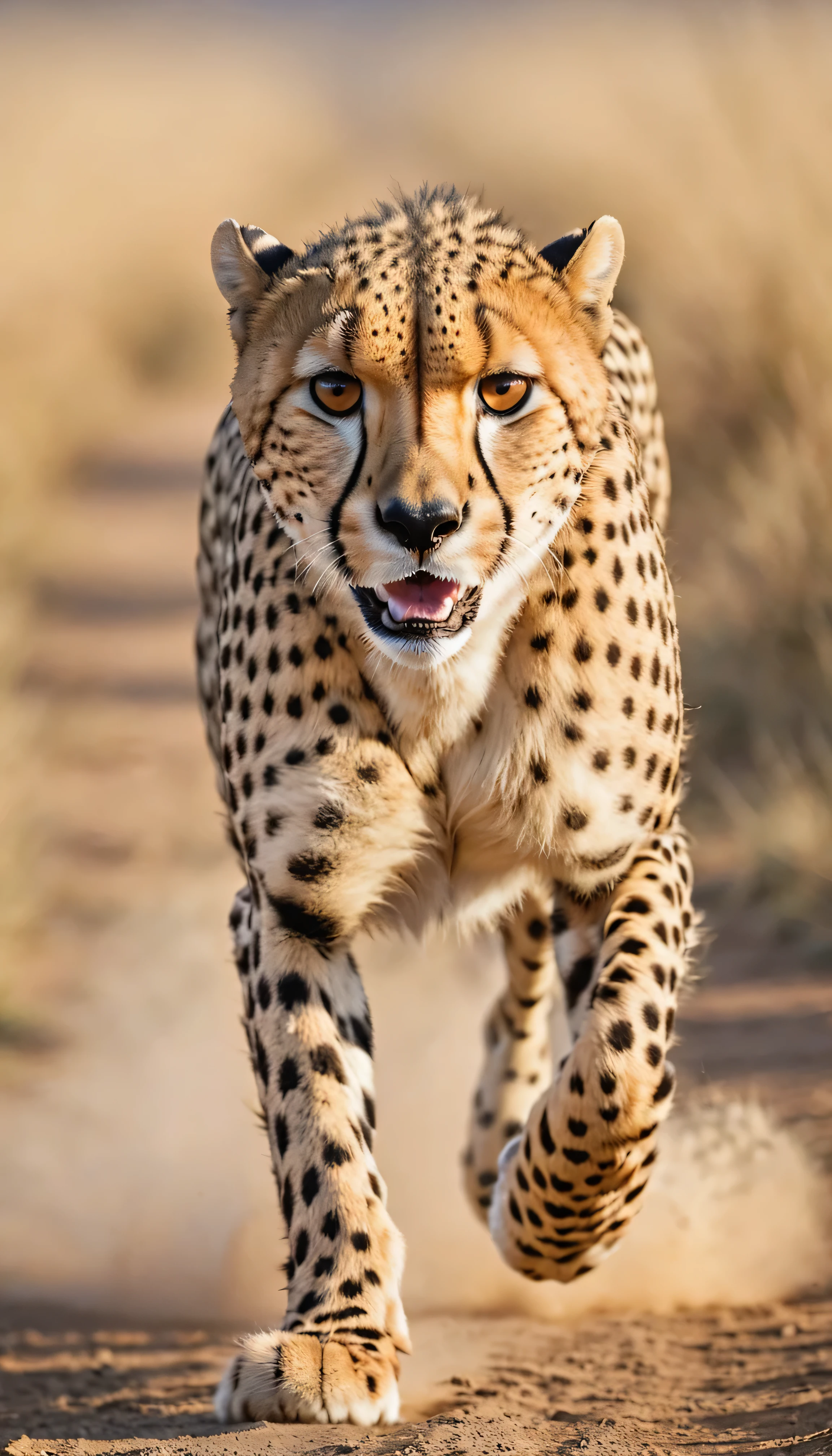 close up of cheetah running towards camera , high detail