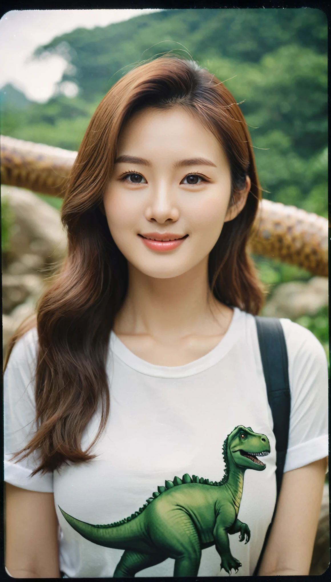 close-up of beautiful korean female, 34 inch breasts size, slightly smile, rolled sleeves t-shirt in the Dinosaur park, bokeh background, Polaroid photo, UHD