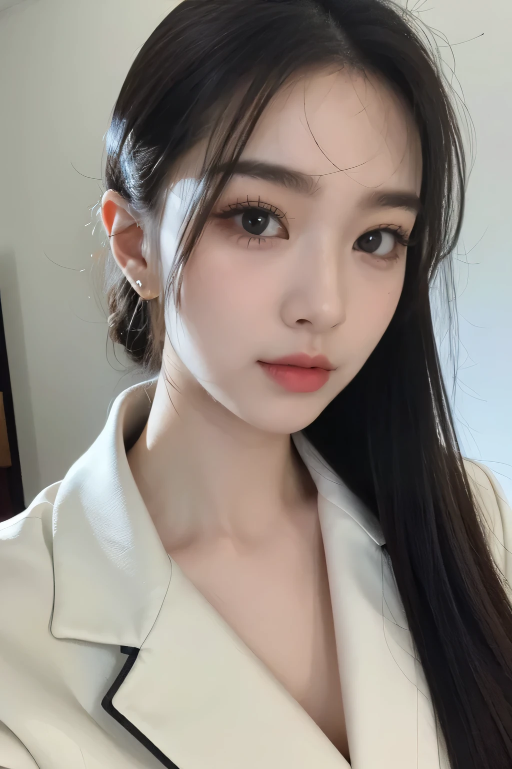 tmasterpiece,Best quality,A high resolution,8K,(Portrait photograph:1.5),(Head close-up),(ROriginal photo),real photograph,digital photography,(Girls in the workplace),(Female president),20 year old girl,random hair style,By bangs,(green-eyed),Serious and obsessed with breasts, accessories,Keep one's mouth shut,elegant and charming,Serious and arrogant,Calm and handsome,(Women's professional attire),Photo pose,Realisticstyle,gray world background,oc render reflection texture