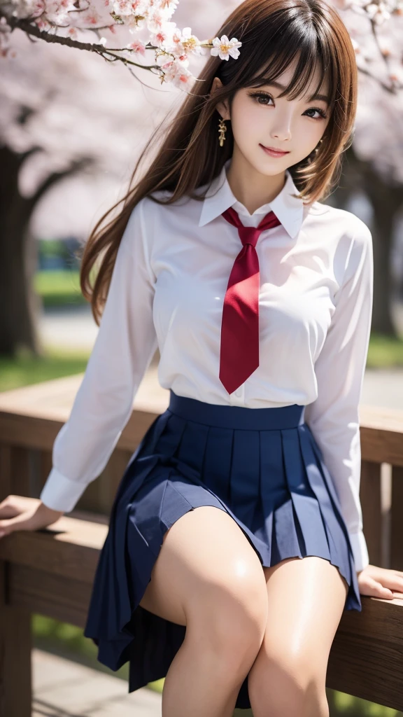 Close-up of a woman posing for a photo, the most beautiful japanese models, 17 year old female model, 4k、bangs、(blonde), medium long hair, 非対称なbangs, straight hair、(white shirt, red tie , dark blue pleated skirt:1.2),　(Super cute face with idol style:1.4), whole body, slim and beautiful body, sexy, beautiful breasts, laughter, The background is a row of cherry blossom trees, (Raw photo, highest quality, masterpiece, super detailed, ultra high resolution, realistic),