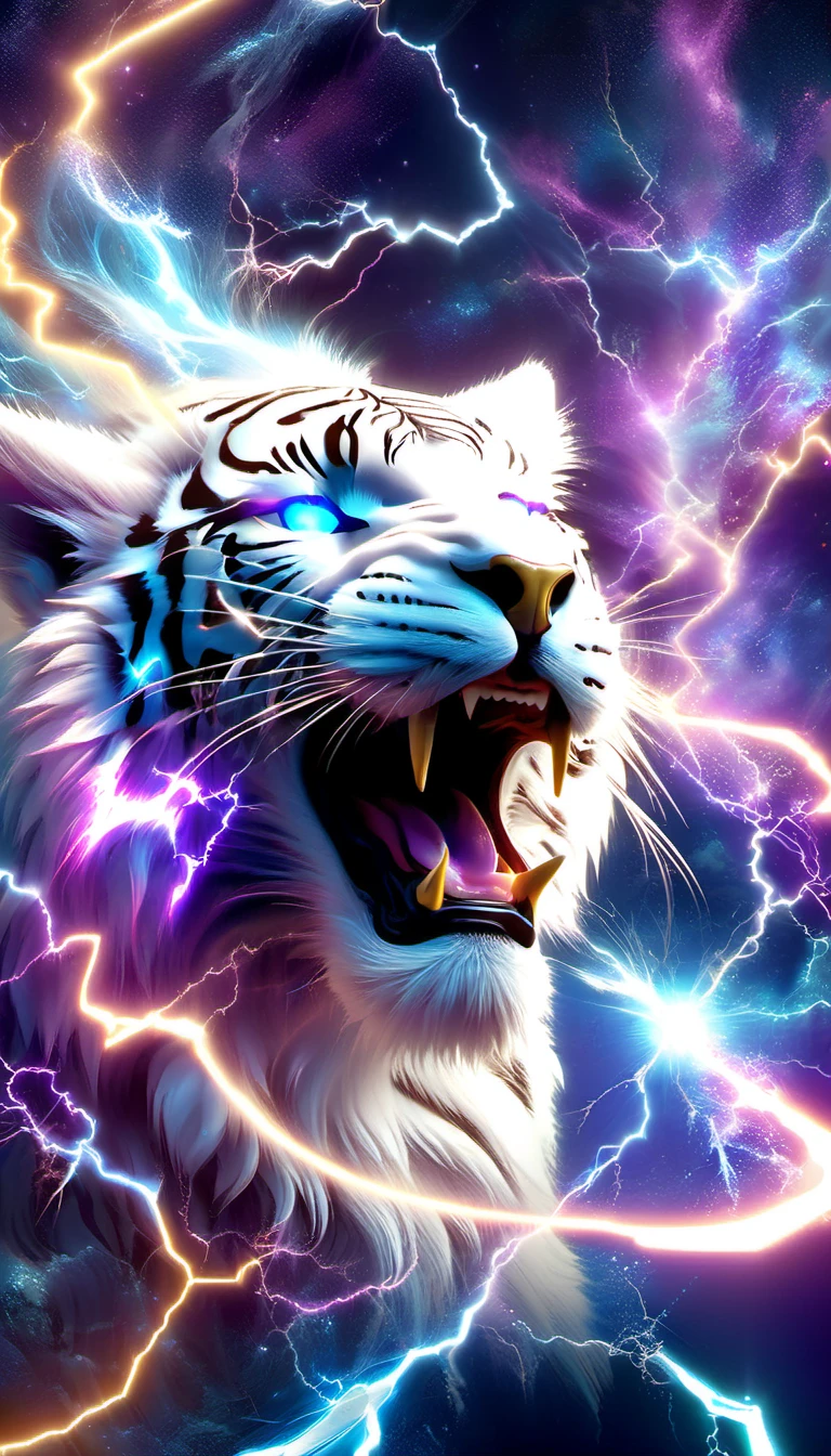 iridescent lightning、Four divine white tigers like lightning、Mouth open and menacing