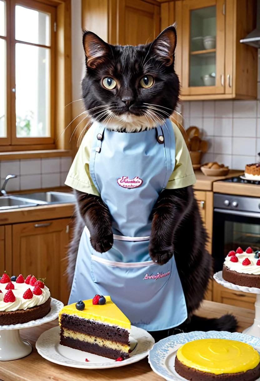 Katze backt Kuchen,steht am Herd, macht eine Geburtstagstorte,backen, Kitchen,apron