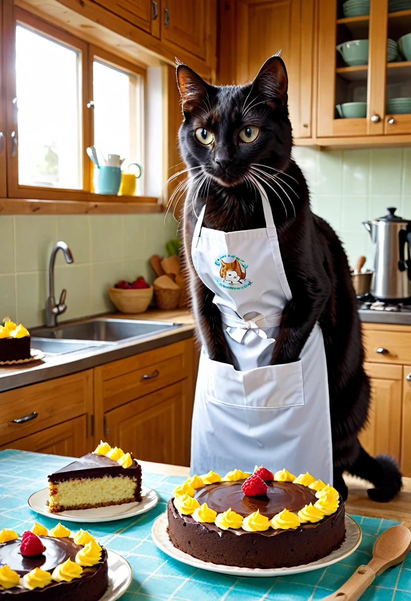 Katze backt Kuchen,steht am Herd, macht eine Geburtstagstorte,backen, Kitchen,apron