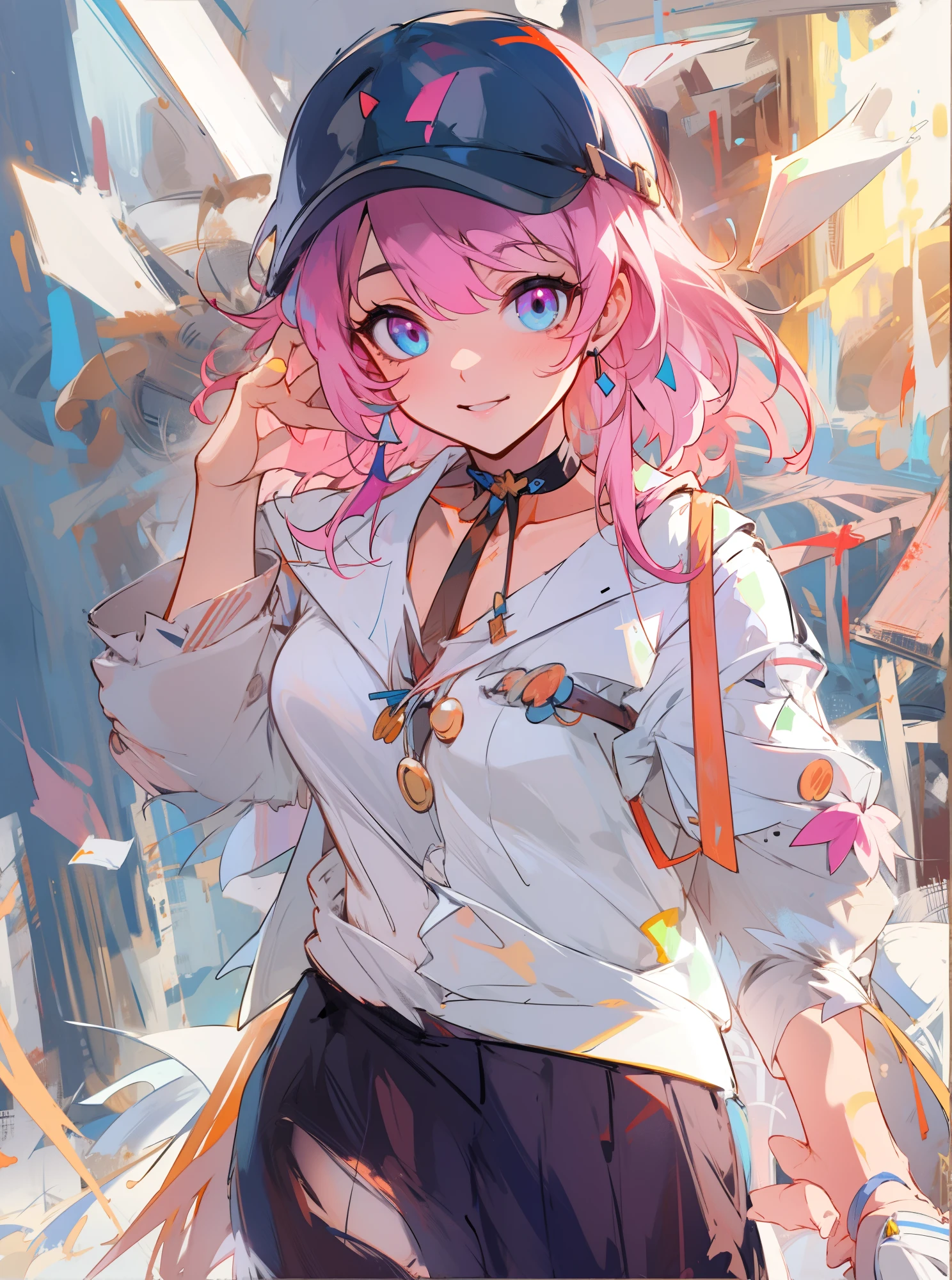 masterpiece, highres, best quality, 1girl, flying, cute, 8kfilm ,prettylook ,seductive, look at the viewer, march7th, short hair, multicolored_eyes, pink hair, bangs, blue_eyes, long locks, ribbon earrings, shirt, skirt, choker, jacket, smile
grimaced and closed one eye , realistic detailed all kind,consistent