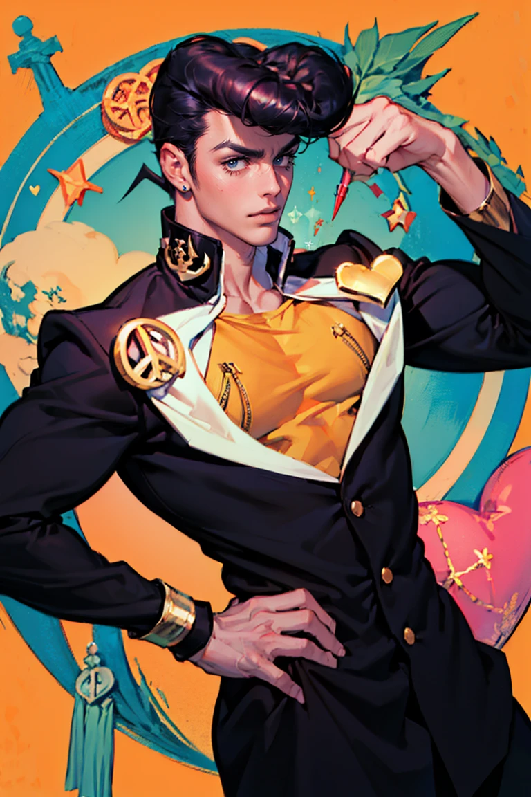 Higashikata Josuke, Uniforme escolar, copete, Simbolo de paz, broche, anchor symbol, enfoque masculino, heart, 1 chico, gakuran, degradado, fondo degradado, Negocio, pendientes, Solo, stud pendientes, borroso, joyas, cremallera, cabello purpura, lipstick, pose, profundidad de campo, ojos azules,(((Josukejojo))), solamente de la cintura para arriba, ojos cristalinos