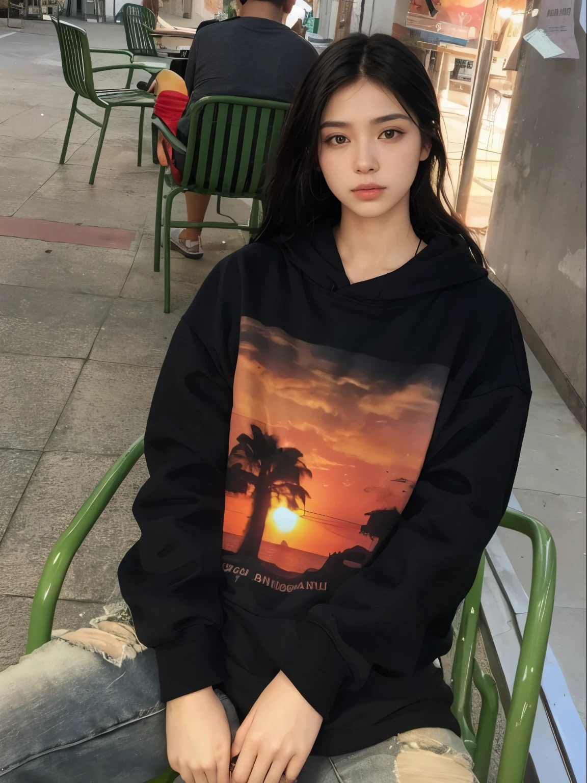 mulher arafed sentada em uma cadeira em frente a uma janela, with Sunset, with a Sunset, trend in r/moda urbana, she is wearing moda urbana, Sunset mood, Sunset sunrise, vestindo um moletom grande, in the Sunset, Ulzzang, ((Sunset)), japanese moda urbana, Sunset time, garota usando moletom, nice Sunset, Sunset light, it is Sunset