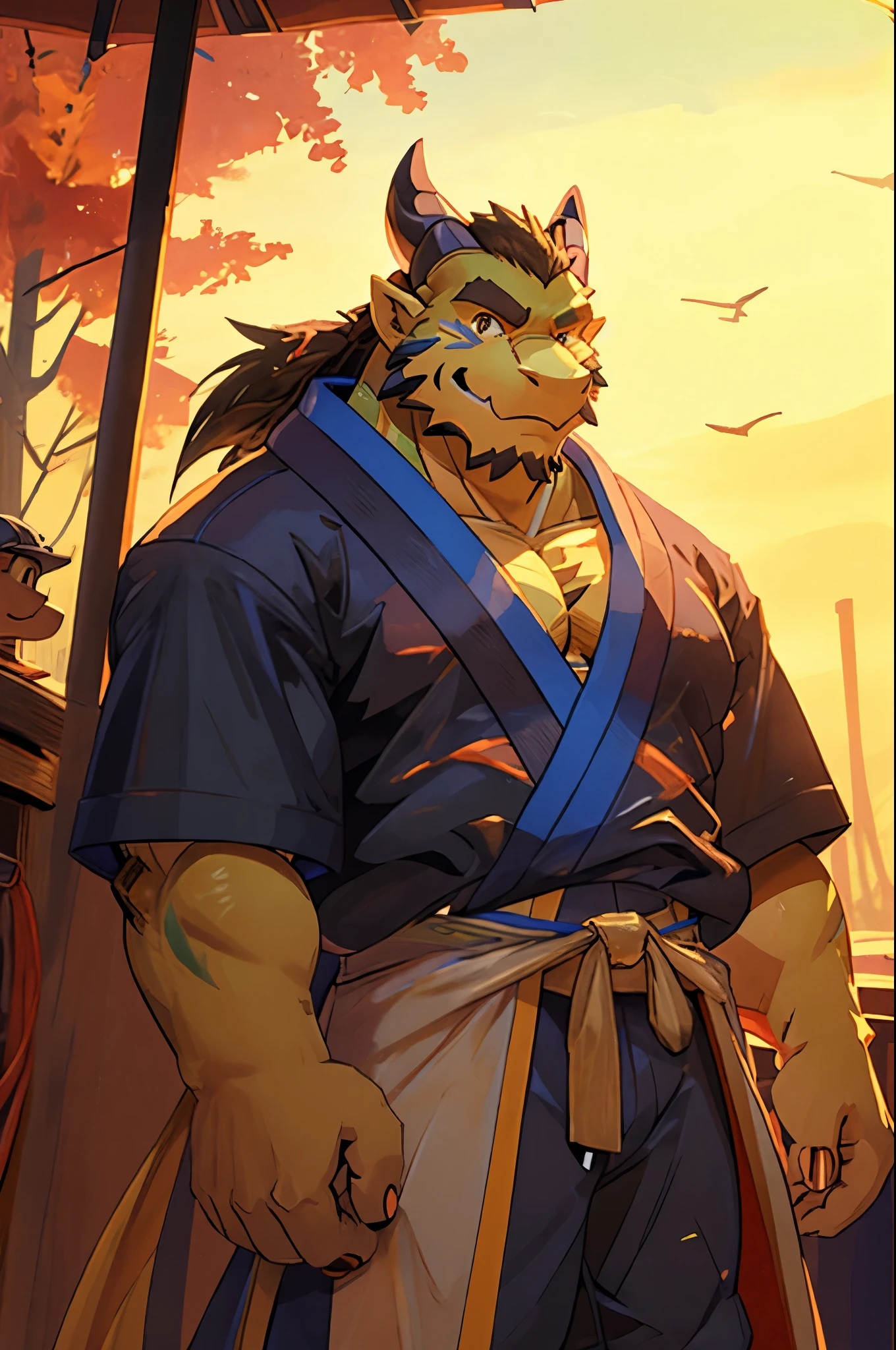 (masterpiece, best quality:1.2), 1 boy, young,hairy,alone，Shapely figure，stand，looking into the camera，Dragon Orc，Smile，Emerald body color，Japanese kimono，all ages，forest background，Volcanoes and beaches in the distance，panoramic，super wide angle