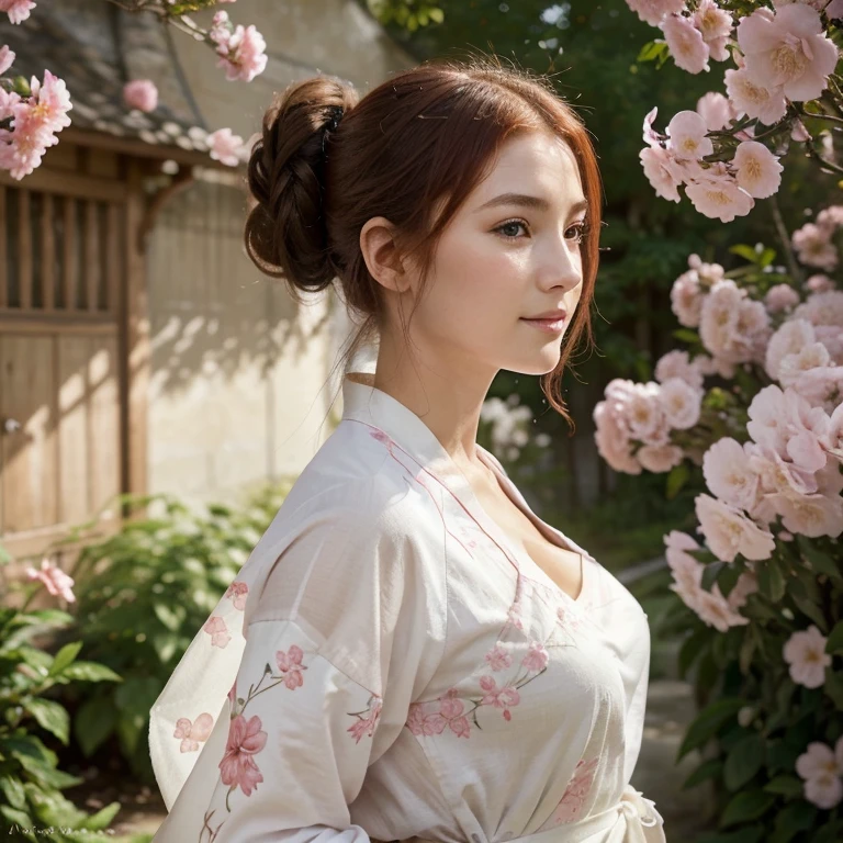 (best quality, chef-d&#39;artwork:1.2), Ultra-detailed, visage parfait, belle fille aux longs cheveux rouges portant un kimono blanc, cerisier en fleurs, OMBRELLE JAPONAISE, Chun li, Tout le corps, Delicate facial features, vibrant red hair cascading down her back, glowing clear skin&#39;a pinkish tint, expression captivante dans ses yeux, un sourire radieux illuminant son visage, posture gracieuse, plis et motifs complexes sur le kimono blanc, soft and gentle breeze rustling the cerisier en fleurs, delicate pink petals floating in the&#39;air, ambiance sereine et tranquille, Des couleurs vives, une attention impeccable aux détails, de fins coups de pinceau capturant chaque nuance, composition impeccable, la jeune fille se fond harmonieusement dans l&#39;environnement, creating a timeless chef-d&#39;artwork.