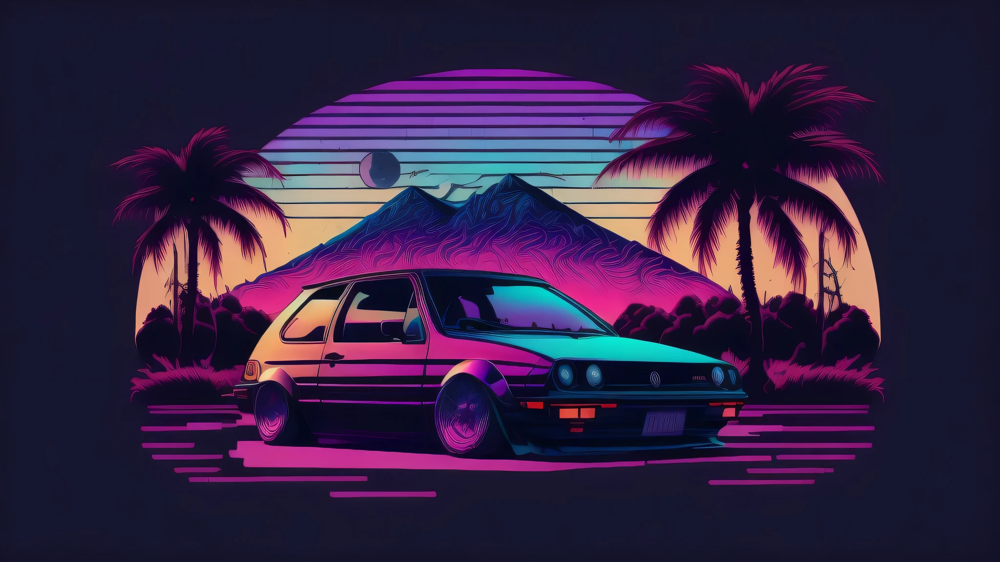 VW Golf I before sunset, vaporwave style, neon style, smooth lines, Vector Art, Vector Kernel, intricate details, 8K