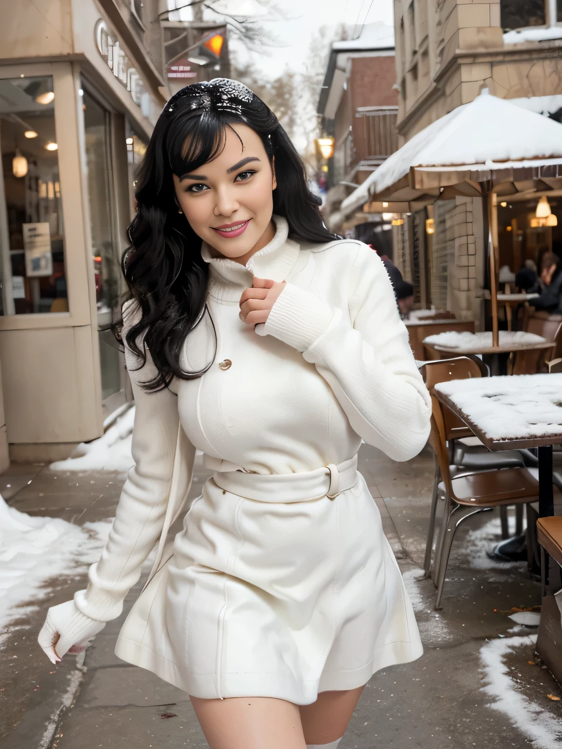 sensually 30 years old bettie page, makeup, olive skin, curly black hair (middle lenght), outside in front of the coffee shop , slippin on the ice and falling to the ground , winter times, snow falling, daylight seductive smile, longest ever white leather trench , white wool sweater, high white boots, maxy wool skirt, white cloth gloves, 