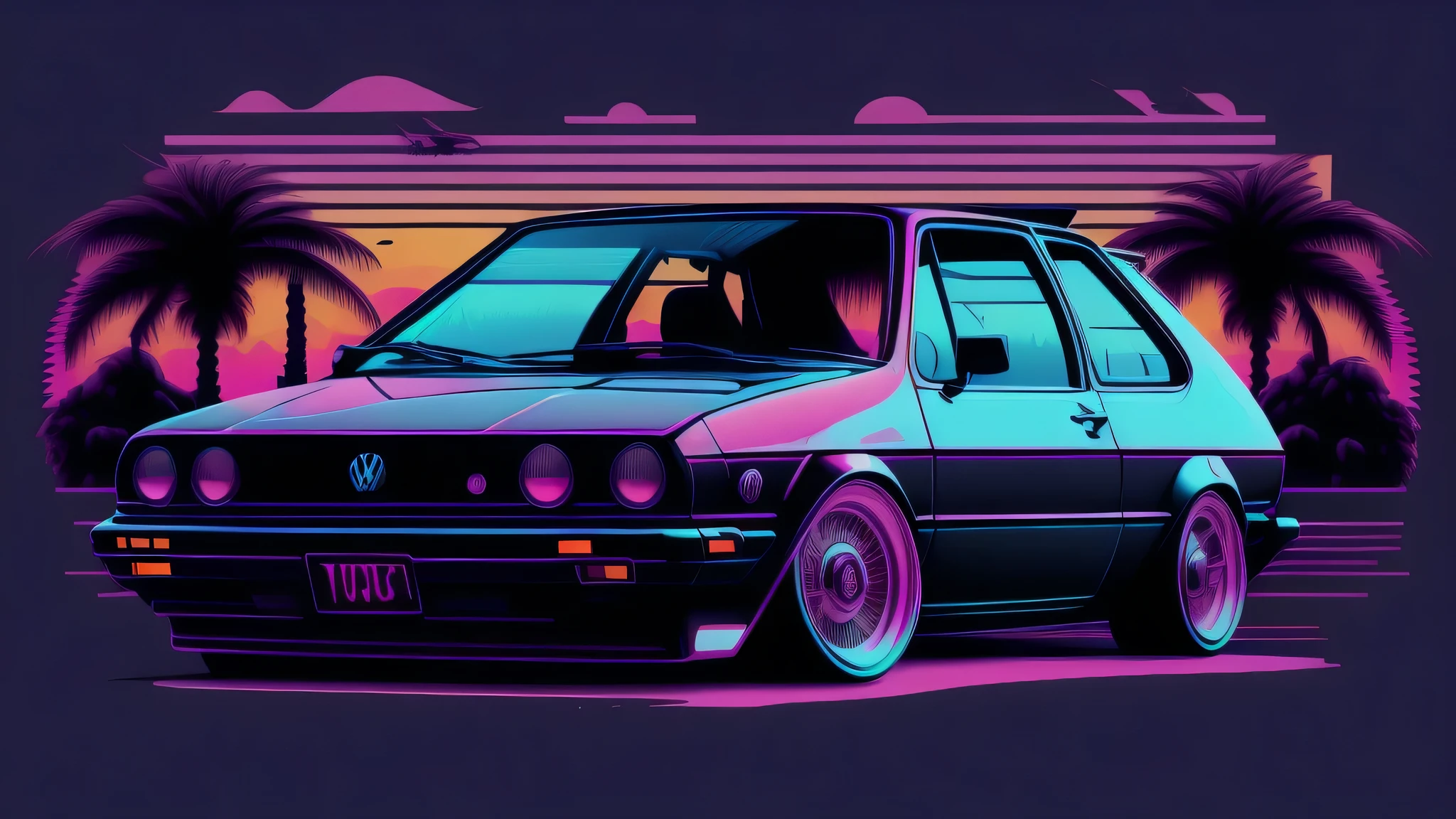 VW Golf I before sunset, vaporwave style, neon style, smooth lines, Vector Art, Vector Kernel, intricate details, 8K