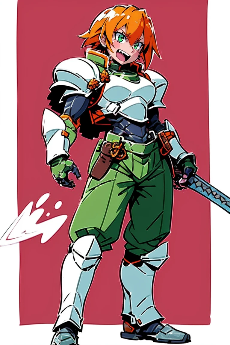 excel, orange hair, smile, fang, open mouth, green eyes,standing, medium breast, pants, pullover, , full body,knight armor, armore, sword holding, fantasy cyberpunk city magic, martial zarts martial pose