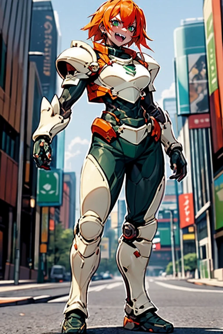 excel, orange hair, smile, fang, open mouth, green eyes,standing, medium breast, pants, pullover, , full body,knight armor, armore, sword holding, fantasy cyberpunk city magic, martial zarts martial pose