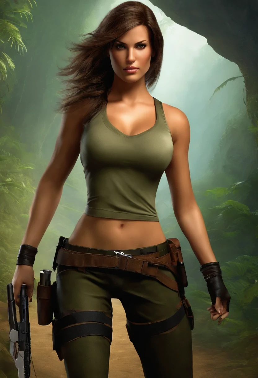 Lara Croft, braune Haare, mittleres Haar, Abenteuer-Outfit, medium breasts, Taille, enge Khakihose, und schwarzes Schuhwerk, Hintergrund, nude, legs opened, stockings