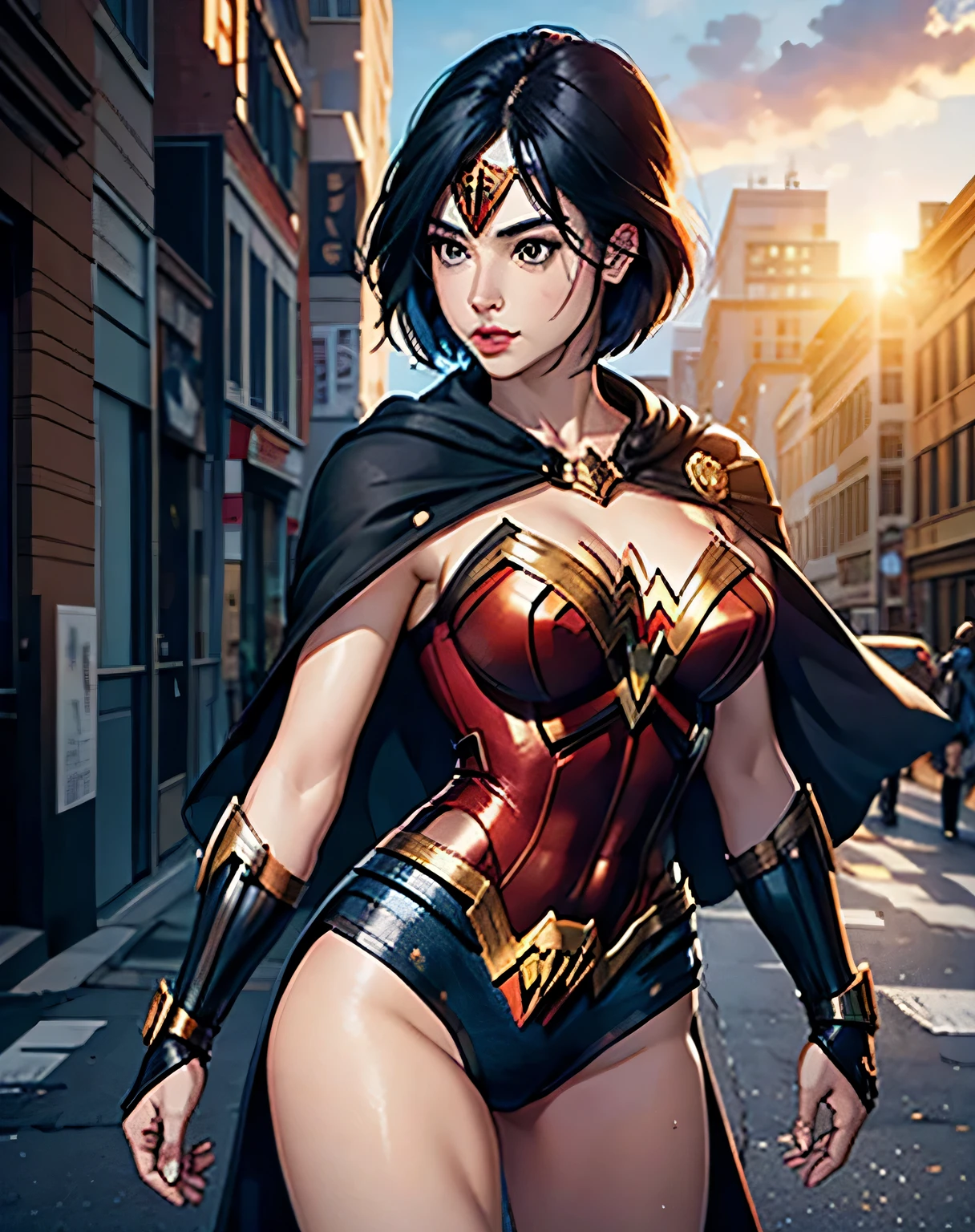 Amazon warrior, woman, black short hair, wonder woman style outfit, cape