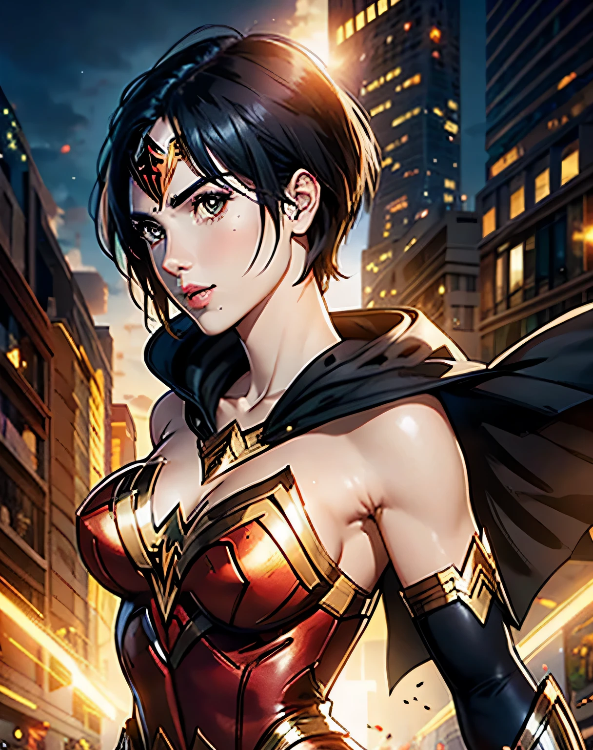 Amazon warrior, woman, black short hair, wonder woman style outfit, cape