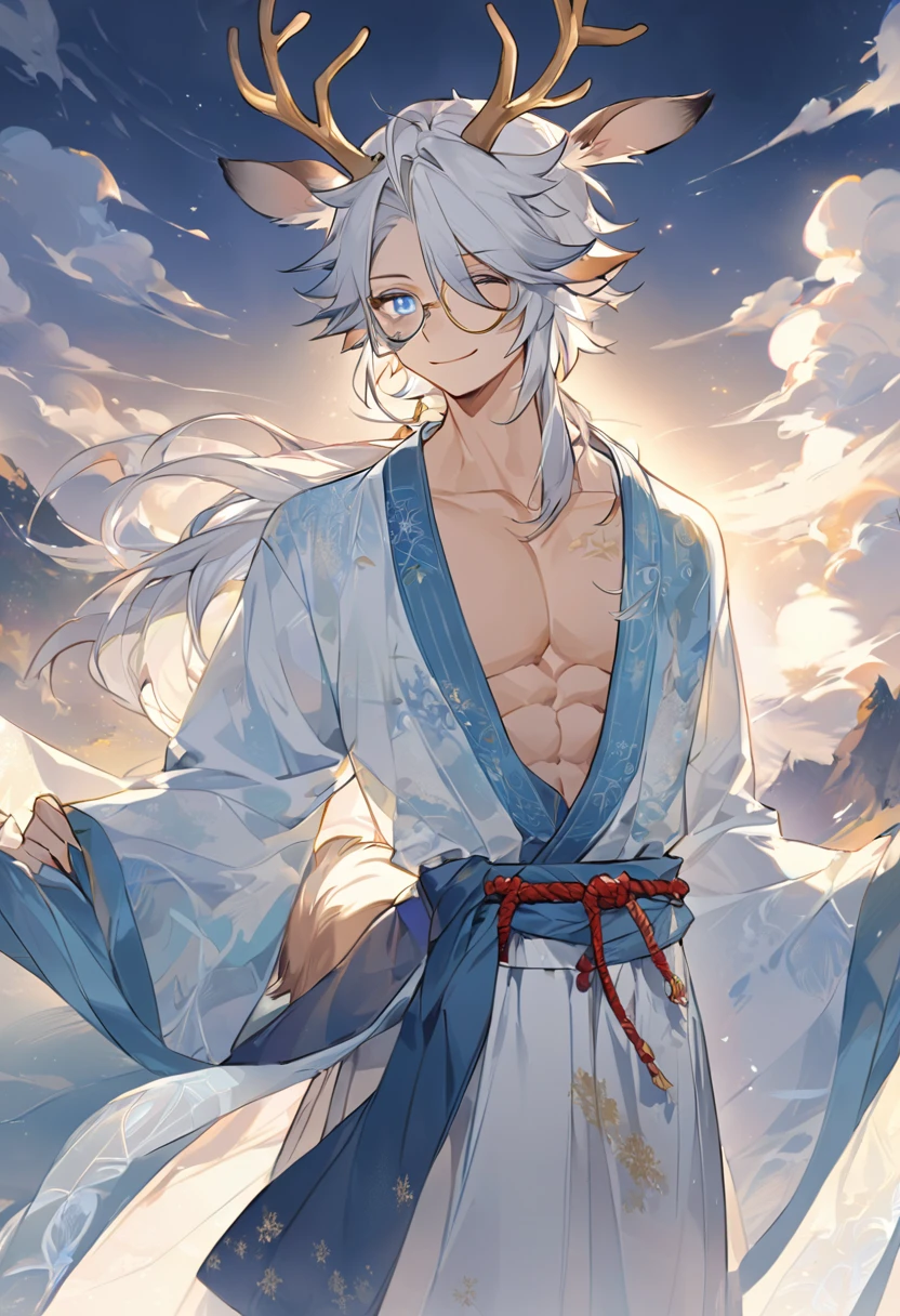 A beastly style of painting,Deer orcs,male,178cm,88kg,17cm,It's a hybrid of wolf and deer,With golden antlers,deer ears,Wolf paw,wolf tail,Covered with white hair,There is a blue moiré pattern on the collarbone,There is a light blue iris-shaped pattern on the chest,Lean body,But I still have more obvious chest muscles and six-pack abs,blue stripes on arms,Different pupils,left眼的瞳孔是红色,The pupil of the right eye is blue。Wearing a gold frame monocle(left),The temples are antler-shaped,Wearing light blue ancient style Hanfu,The entire garment is dotted with snowflake patterns and cloud patterns.,The wide cuffs of the dress are embroidered with a light blue iris pattern.,A safety buckle tied with a red rope was hung around the waist.,Pinned to the other side is a folding fan。The face is very beautiful,The fluffy silver hair on his head is a bit messy, as if he just woke up from sleep. The long white hair on the back of his head is tied casually into a low ponytail.,A smile as warm as the sun,神秘的Different pupils如湖水般澄澈,profound,Makes him look friendly and harmless yet a little distant。