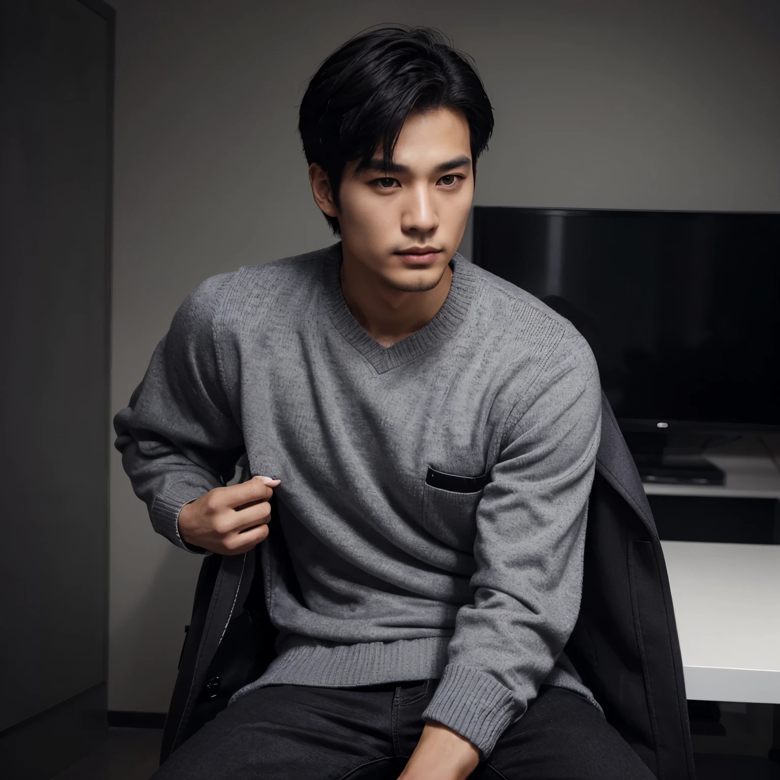 Handsome man face, looks like Korean, has a haircut wolf cut, light black hair colour. Wears a grey sweater inside with dark purple long jacket that goes to his knee.