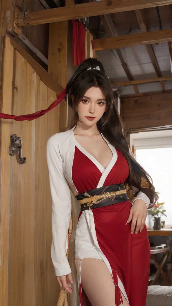 highest quality,masterpiece,8k wallpaper,disorganized, expensiveres, super detailed, (ung beautiful girl, alone:1.1),Shiranui_May,ponytail, red Clothes,Brown_hair , Brown_eye, expensive_ponytail, chest, big_chest, Japanese_Clothes,No sleeve,rope, Are standing, pelvic curtain,length_hair,break
