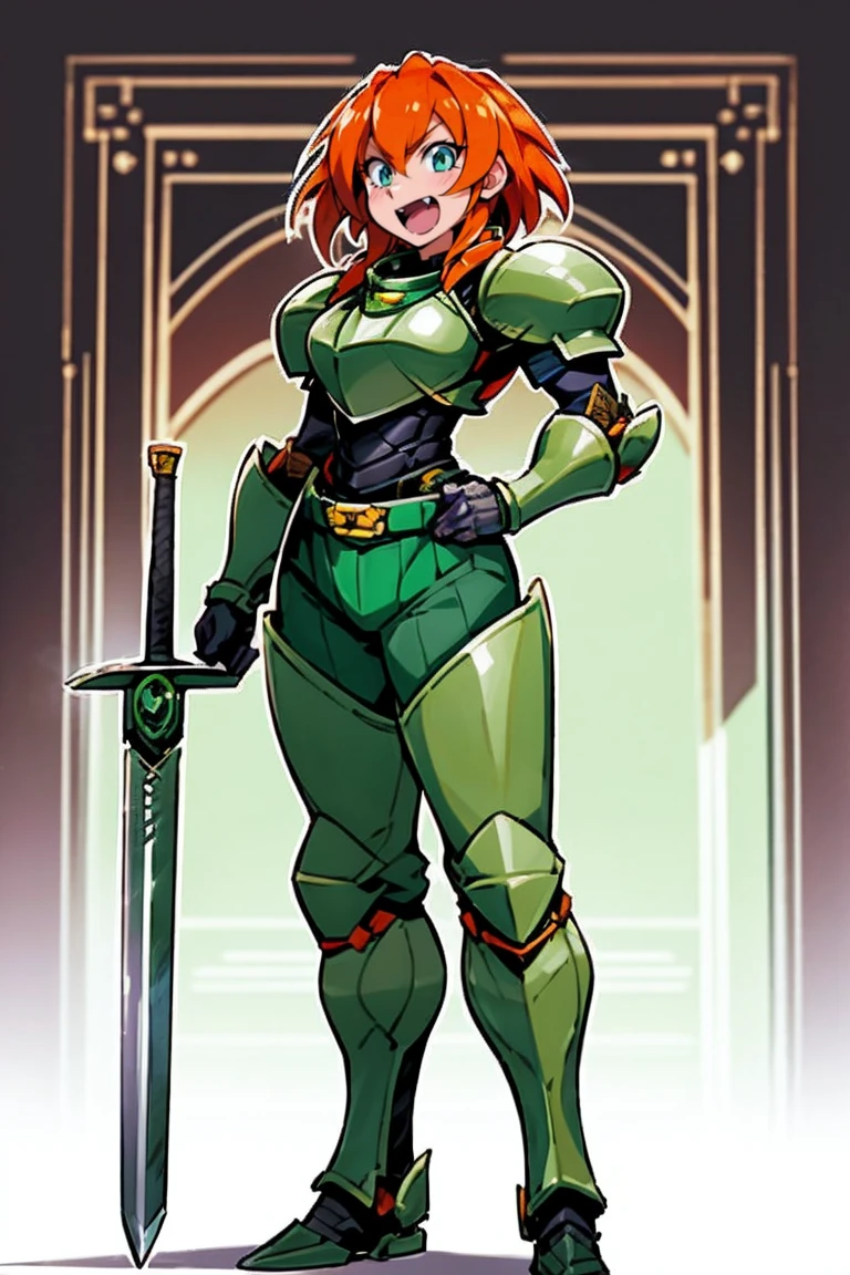 excel, orange hair, smile, fang, open mouth, green eyes,standing, medium breast, pants, pullover, , full body,knight armor, armore, sword holding, fantasy cyberpunk city magic, martial arts martial pose