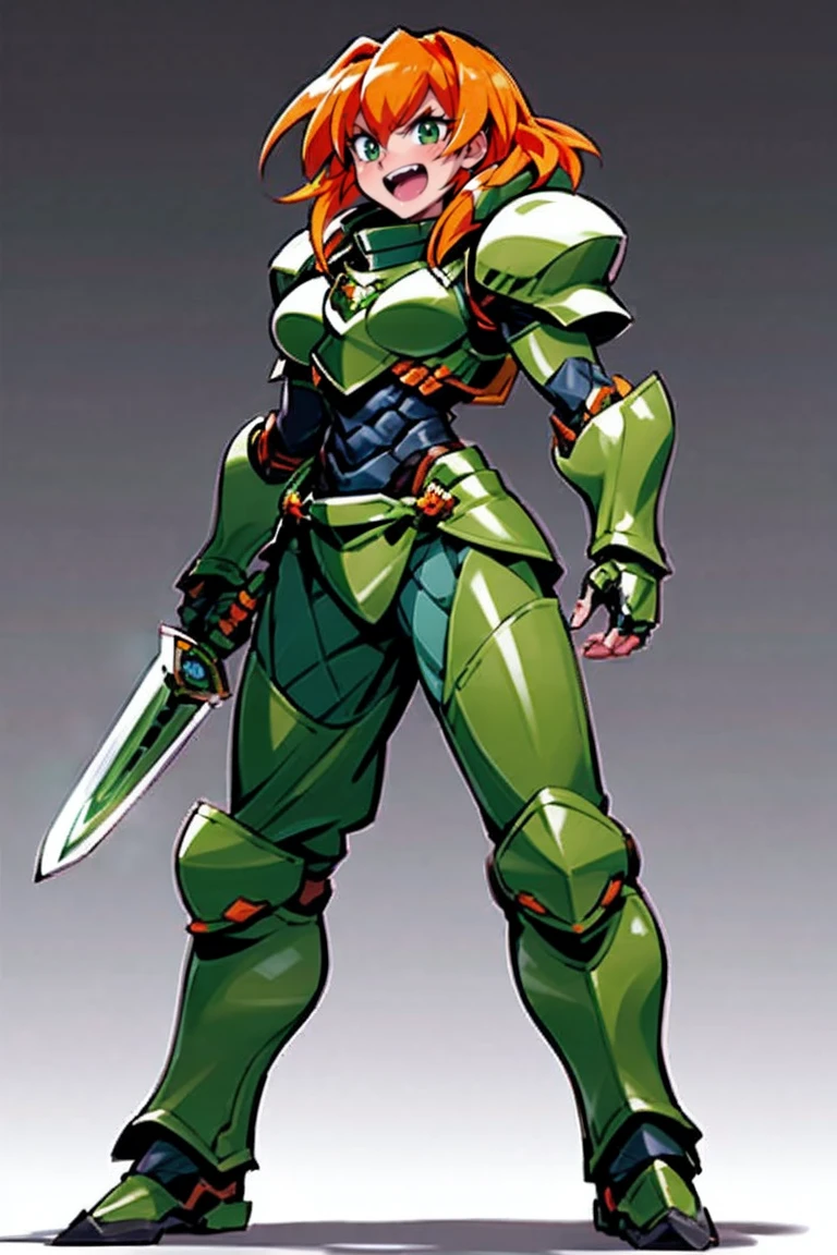 excel, orange hair, smile, fang, open mouth, green eyes,standing, medium breast, pants, pullover, , full body,knight armor, armore, sword holding, fantasy cyberpunk city magic, martial arts martial pose