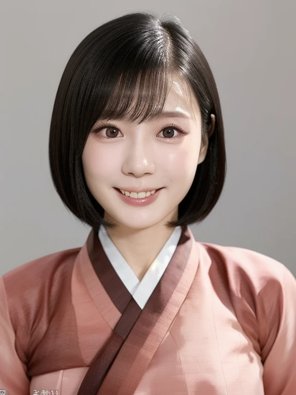 (kawaii 24 year-old Japanese girl, Nogizaka idol, Korean idol), (glossy black hair, medium bob cut:1.3), (extra rounded face, forehead, single eyelid, no makeup, laughing:1.2), (wearing light pink concept Hanbok, Korean traditional cloth:1.3), well shaped extra small breasts, (looking at viewer:1.2), BREAK, (simple white background:1.2), (portrait, id photo, view from straight forward:1.3), BREAK, (masterpiece, best quality, photo realistic, official art:1.4), (UHD, 8K quality wallpaper, high resolution, raw photo, film grain:1.2), (shiny skin), professional lighting, physically based rendering, award winning, (perfect anatomy, highly detailed skin, extremely detailed face and eyes, well drawn clear pupils), Carl Zeiss 85 mm F/1.4, depth of field, 1girl, solo,