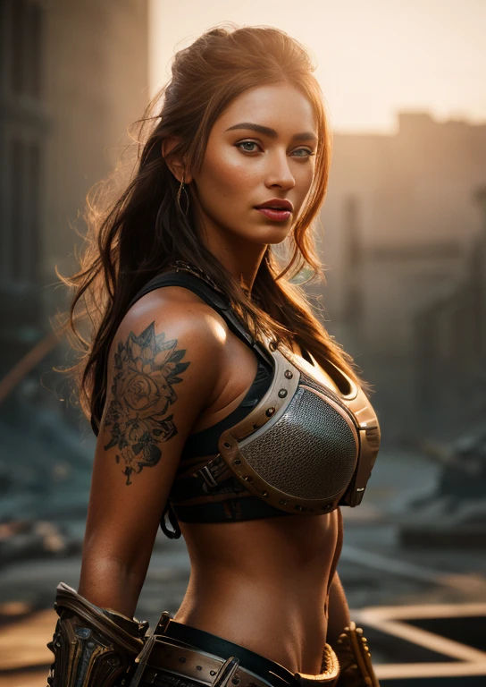 a hyper realistic ultra detailed photograph of a futuristic beautiful barbarian woman wearing sunglasses at a dystopian city, tattered outfit with rusty metal armor plates, long wild hair, tattooed hands and body, fashion pose, detailed symmetric beautiful hazel eyes, detailed gorgeous face, apocalyptic environment, exquisite detail, 30-megapixel, 4k, Canon EOS 5D Mark IV DSLR, 85mm lens, sharp focus, intricately detailed, long exposure time, f/8, ISO 100, shutter speed 1/125, diffuse back lighting, award winning photograph, facing camera, looking into camera, monovisions, perfect contrast, High sharpness, facial symmetry, depth of field, ultra-detailed photography, raytraced, global illumination, TanvirTamim, smooth, ultra high definition, 8k, unreal engine 5, ultra sharp focus, award-winning photograph, trending on artstation