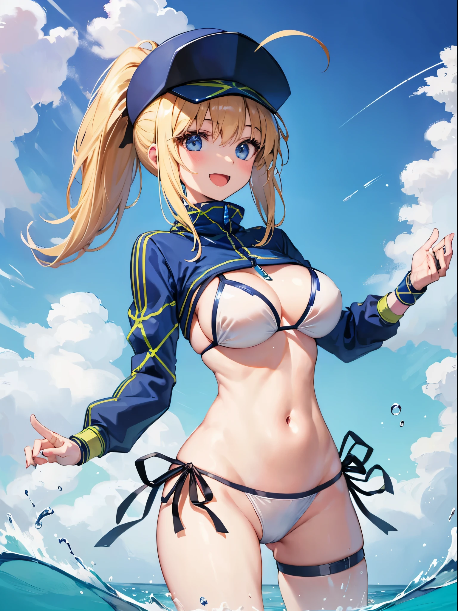 masterpiece,(ultra-detailed),1girl, mysterious heroine xx \(fate\), half_eyes,smile,open mouth, swimsuit, white bikini, side-tie bikini bottom, shrug \(clothing\), jacket, thigh strap, wristband, large_breasts, ocean, splashing,blonde_ponytail,open_legs,cap,happiness,dynamic_jumping