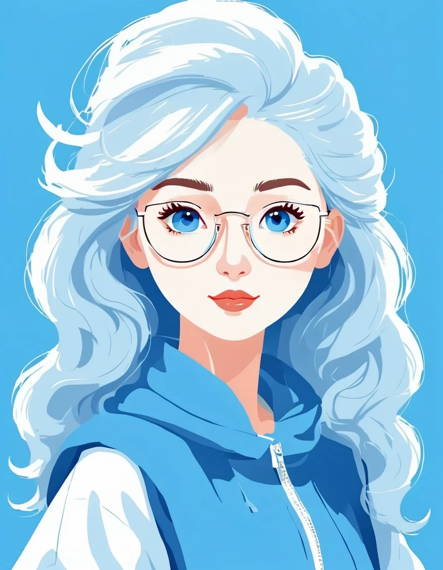 vector art，Helen Huang style，Modern girl，portrait，big glasses，white hair，blue background，vector illustration vector illustration，Flat design style Flat design style，flat illustration flat illustration